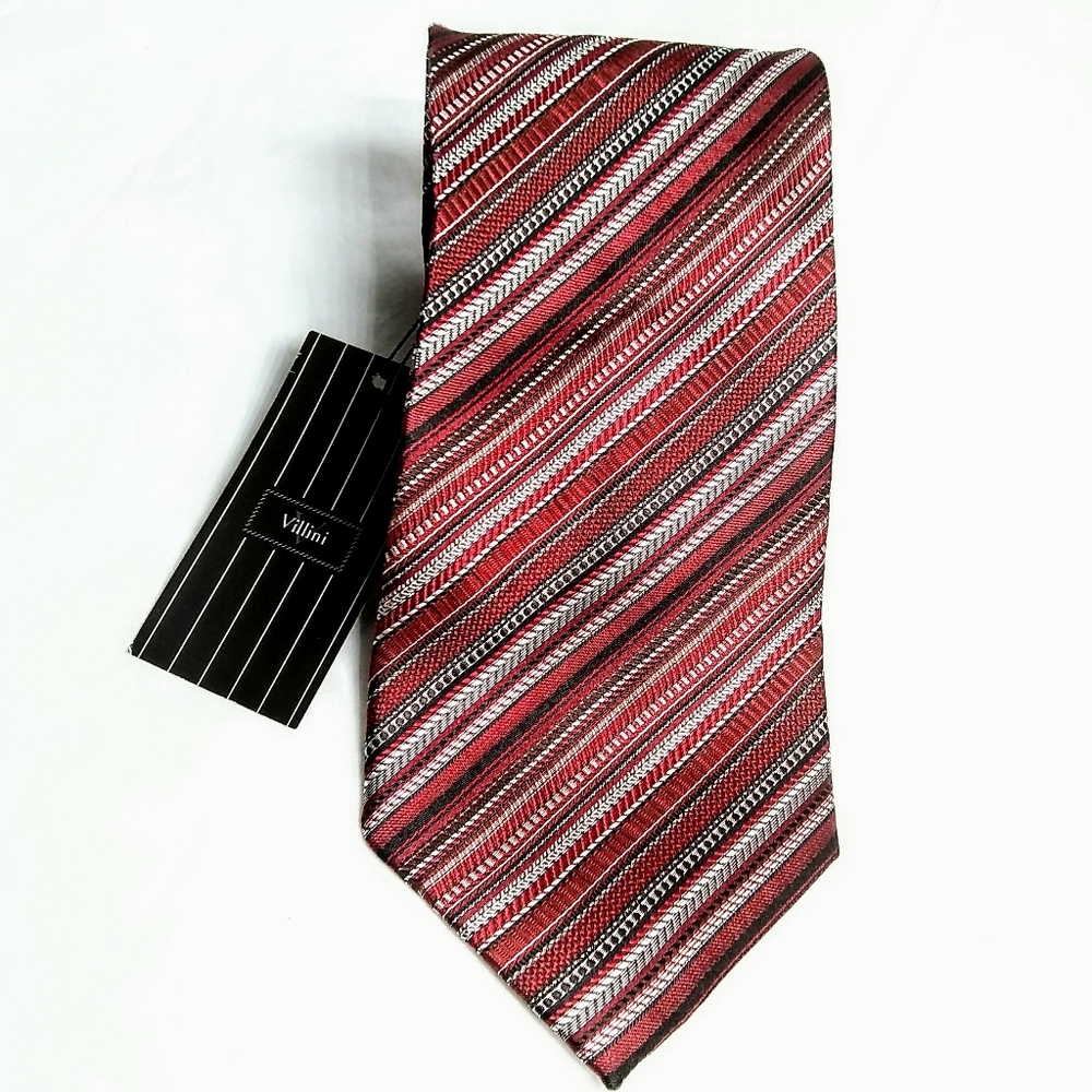 Robert Villini Red Black Striped Silk NWT Necktie Tie